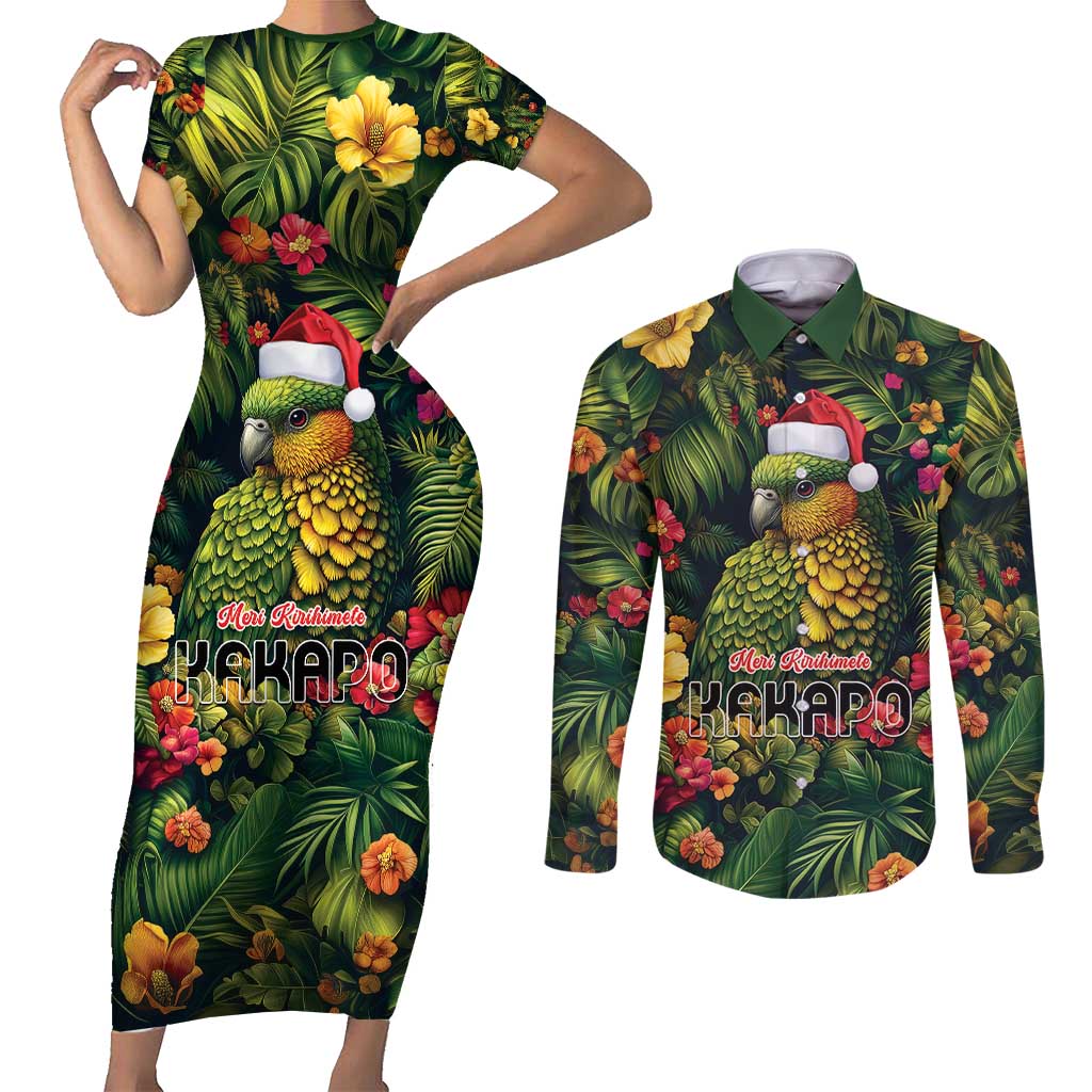 Meri Kirihimete Kakapo Couples Matching Short Sleeve Bodycon Dress and Long Sleeve Button Shirt New Zealand Christmas with Tropical Vibe