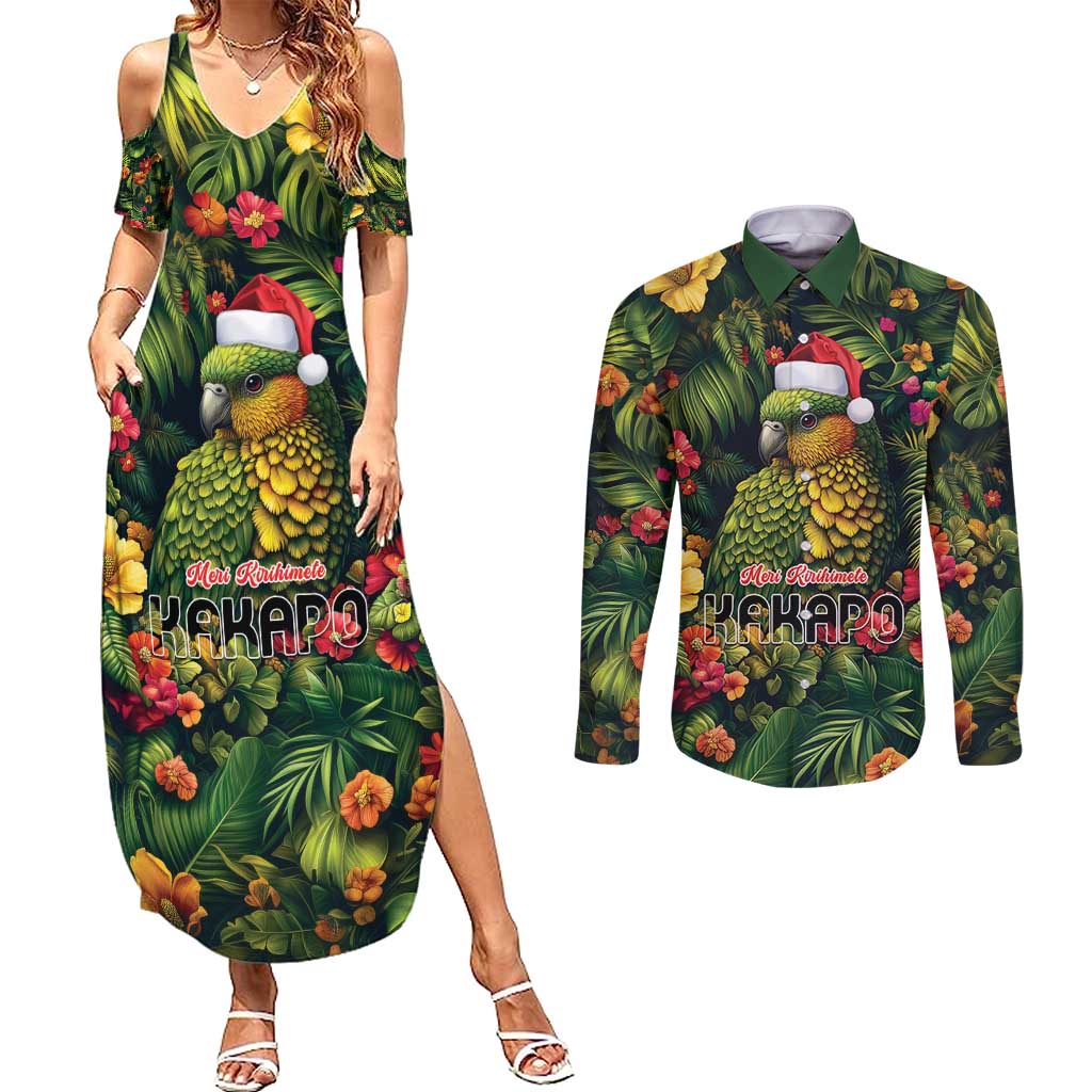 Meri Kirihimete Kakapo Couples Matching Summer Maxi Dress and Long Sleeve Button Shirt New Zealand Christmas with Tropical Vibe