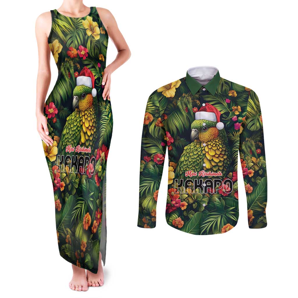 Meri Kirihimete Kakapo Couples Matching Tank Maxi Dress and Long Sleeve Button Shirt New Zealand Christmas with Tropical Vibe