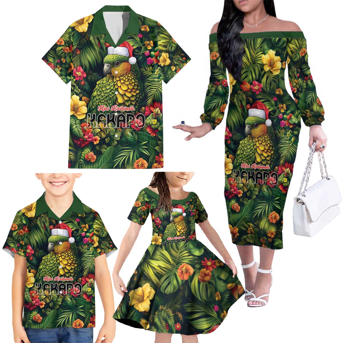 Meri Kirihimete Kakapo Family Matching Off The Shoulder Long Sleeve Dress and Hawaiian Shirt New Zealand Christmas with Tropical Vibe