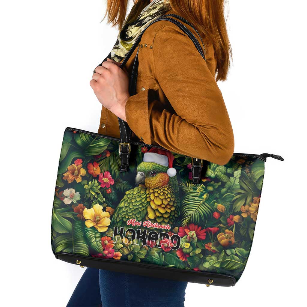 Meri Kirihimete Kakapo Leather Tote Bag New Zealand Christmas with Tropical Vibe LT9 Green - Polynesian Pride