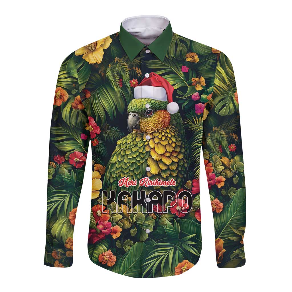 Meri Kirihimete Kakapo Long Sleeve Button Shirt New Zealand Christmas with Tropical Vibe