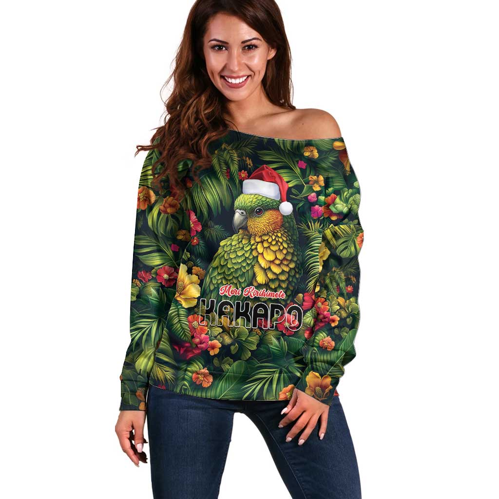 Meri Kirihimete Kakapo Off Shoulder Sweater New Zealand Christmas with Tropical Vibe