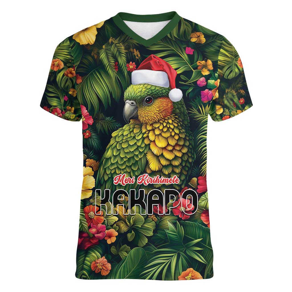 Meri Kirihimete Kakapo Women V-Neck T-Shirt New Zealand Christmas with Tropical Vibe