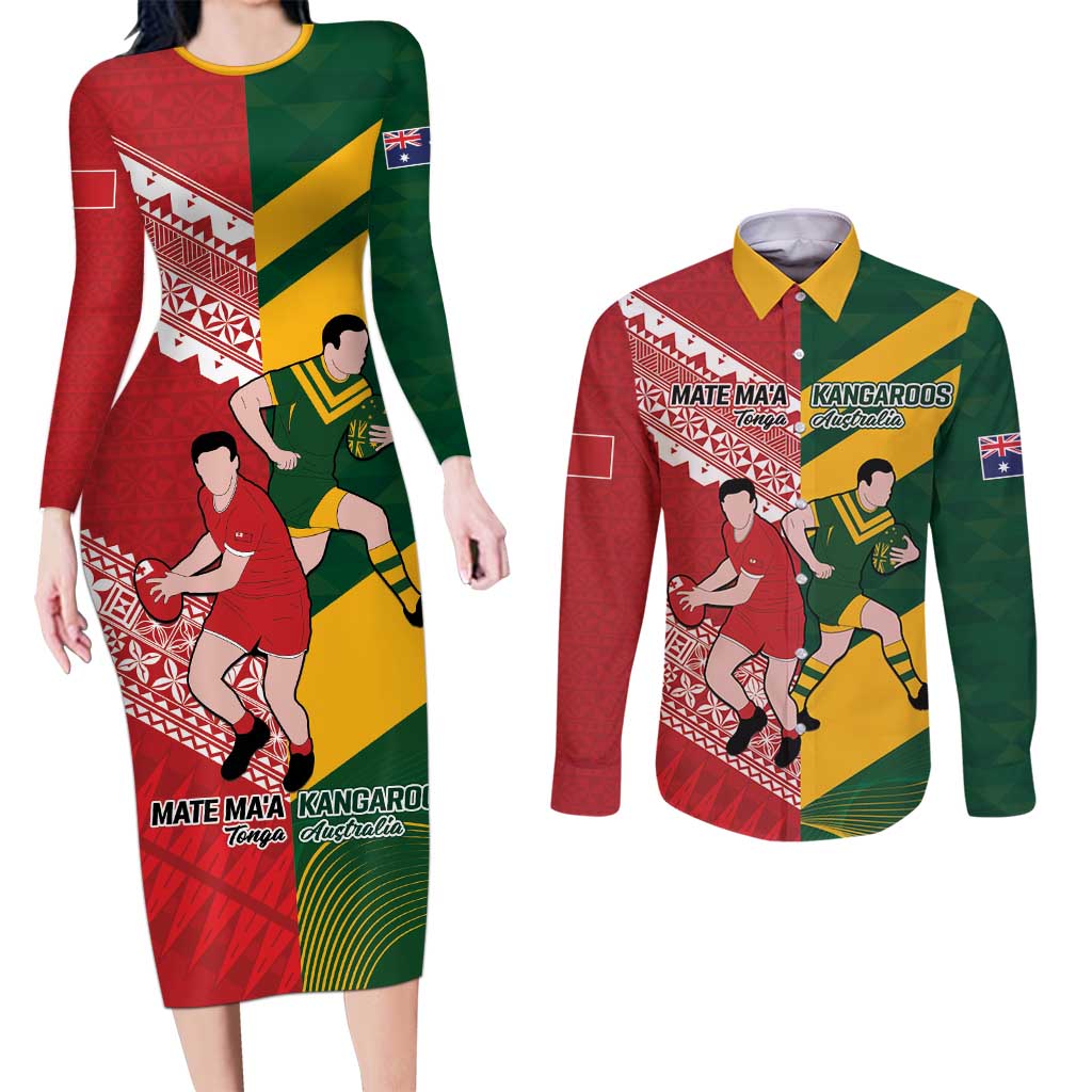 Australia-Tonga Rugby Pacific Custom Couples Matching Long Sleeve Bodycon Dress and Long Sleeve Button Shirt The Kangaroos and Mate Ma'a Tonga LT9 Red-Green - Polynesian Pride