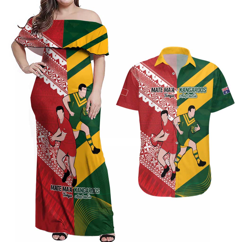 Australia-Tonga Rugby Pacific Custom Couples Matching Off Shoulder Maxi Dress and Hawaiian Shirt The Kangaroos and Mate Ma'a Tonga