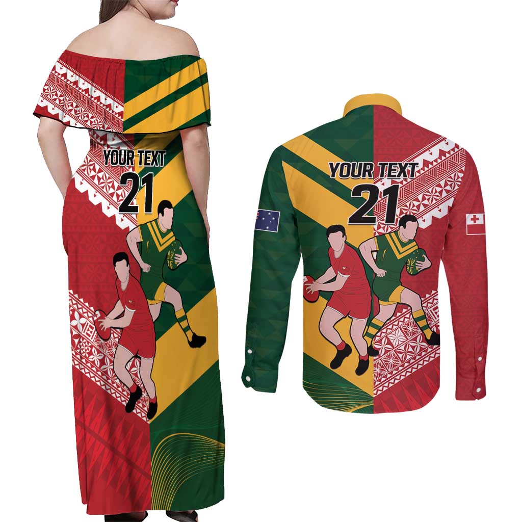 Australia-Tonga Rugby Pacific Custom Couples Matching Off Shoulder Maxi Dress and Long Sleeve Button Shirt The Kangaroos and Mate Ma'a Tonga