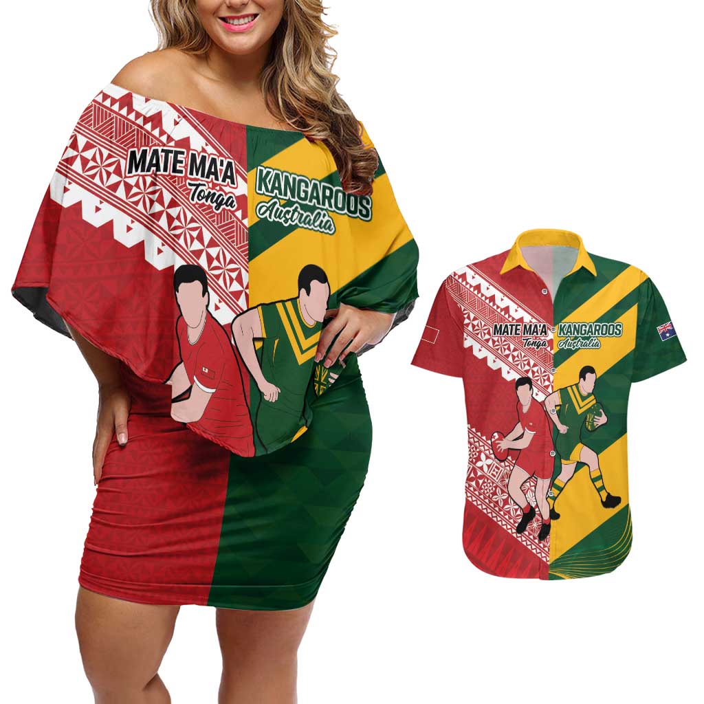 Australia-Tonga Rugby Pacific Custom Couples Matching Off Shoulder Short Dress and Hawaiian Shirt The Kangaroos and Mate Ma'a Tonga