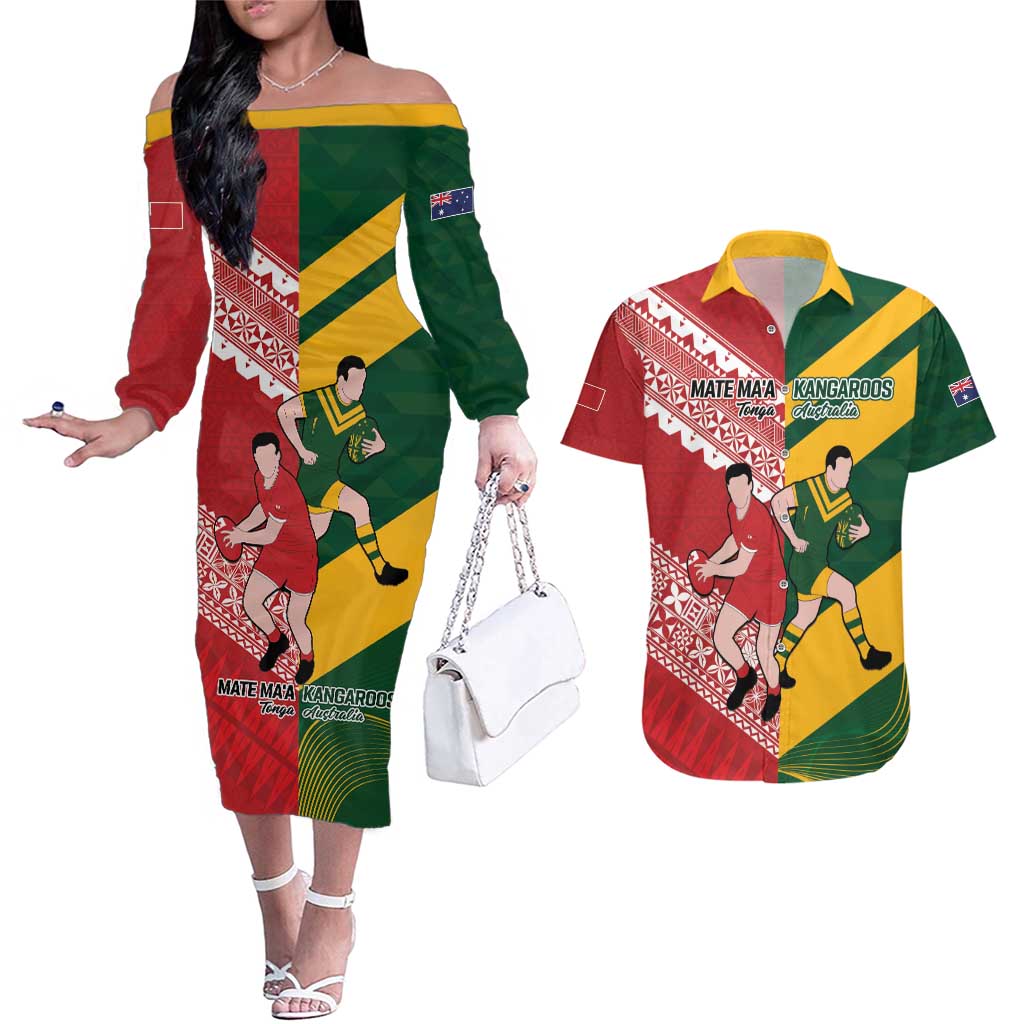 Australia-Tonga Rugby Pacific Custom Couples Matching Off The Shoulder Long Sleeve Dress and Hawaiian Shirt The Kangaroos and Mate Ma'a Tonga