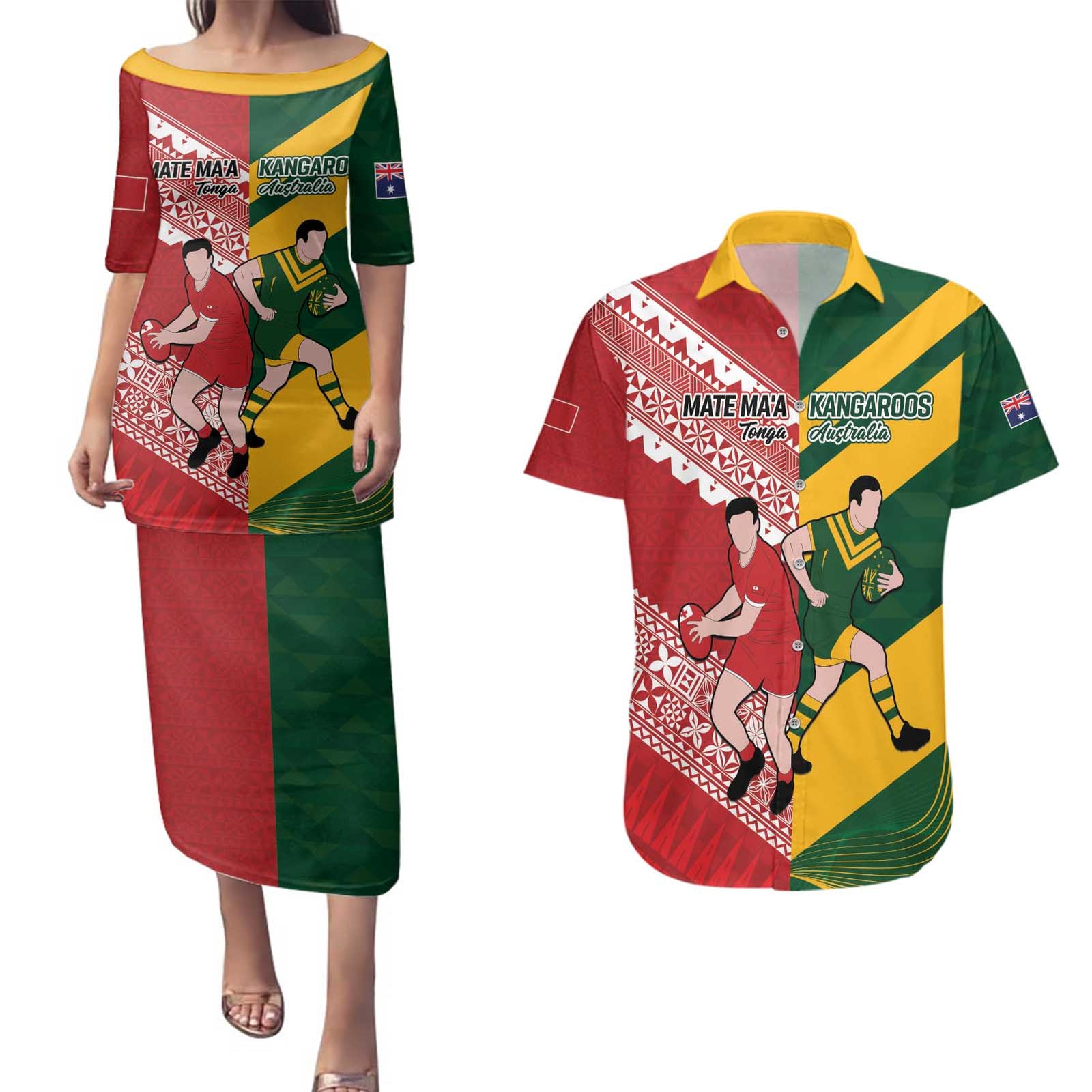Australia-Tonga Rugby Pacific Custom Couples Matching Puletasi and Hawaiian Shirt The Kangaroos and Mate Ma'a Tonga LT9 Red-Green - Polynesian Pride