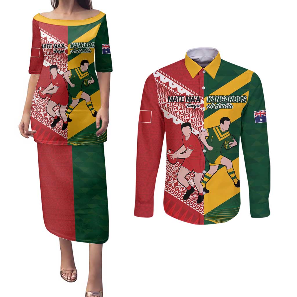 Australia-Tonga Rugby Pacific Custom Couples Matching Puletasi and Long Sleeve Button Shirt The Kangaroos and Mate Ma'a Tonga LT9 Red-Green - Polynesian Pride