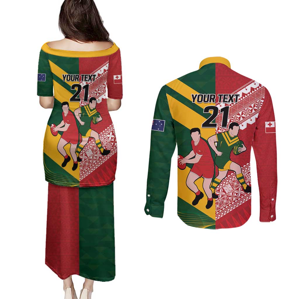 Australia-Tonga Rugby Pacific Custom Couples Matching Puletasi and Long Sleeve Button Shirt The Kangaroos and Mate Ma'a Tonga LT9 - Polynesian Pride