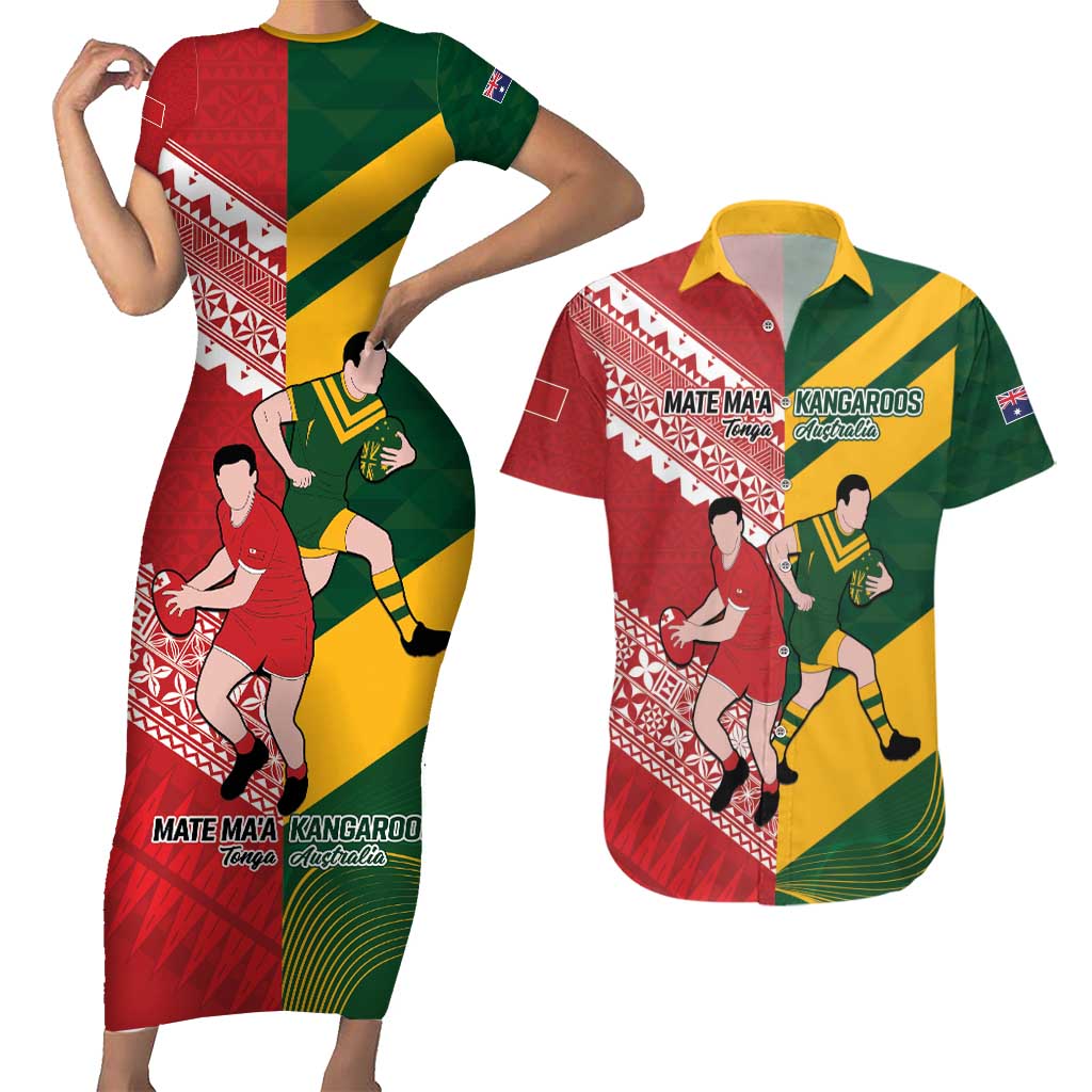 Australia-Tonga Rugby Pacific Custom Couples Matching Short Sleeve Bodycon Dress and Hawaiian Shirt The Kangaroos and Mate Ma'a Tonga LT9 Red-Green - Polynesian Pride