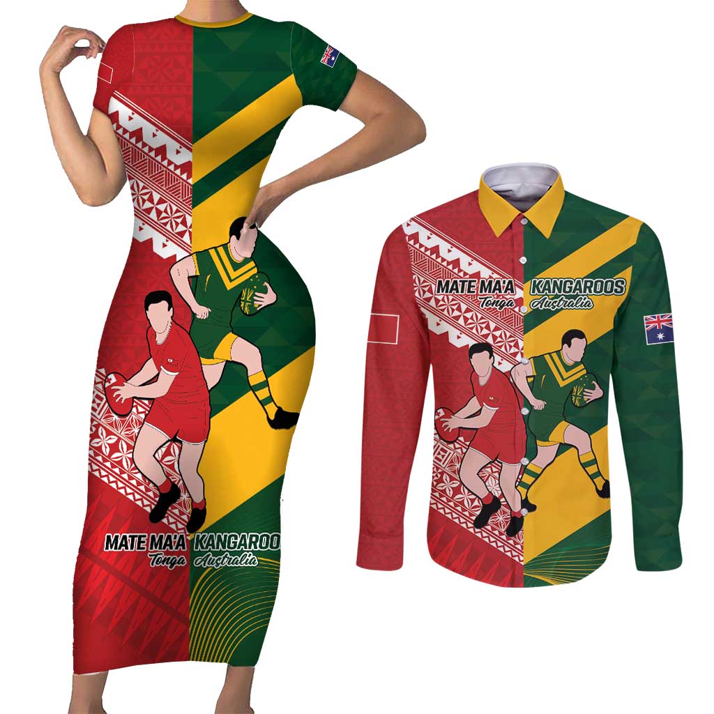 Australia-Tonga Rugby Pacific Custom Couples Matching Short Sleeve Bodycon Dress and Long Sleeve Button Shirt The Kangaroos and Mate Ma'a Tonga LT9 Red-Green - Polynesian Pride