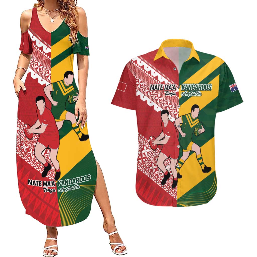 Australia-Tonga Rugby Pacific Custom Couples Matching Summer Maxi Dress and Hawaiian Shirt The Kangaroos and Mate Ma'a Tonga LT9 Red-Green - Polynesian Pride