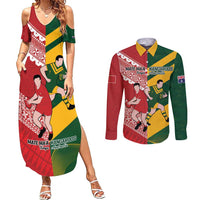 Australia-Tonga Rugby Pacific Custom Couples Matching Summer Maxi Dress and Long Sleeve Button Shirt The Kangaroos and Mate Ma'a Tonga LT9 Red-Green - Polynesian Pride