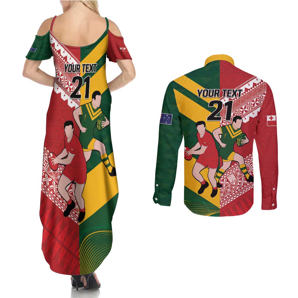 Australia-Tonga Rugby Pacific Custom Couples Matching Summer Maxi Dress and Long Sleeve Button Shirt The Kangaroos and Mate Ma'a Tonga LT9 - Polynesian Pride