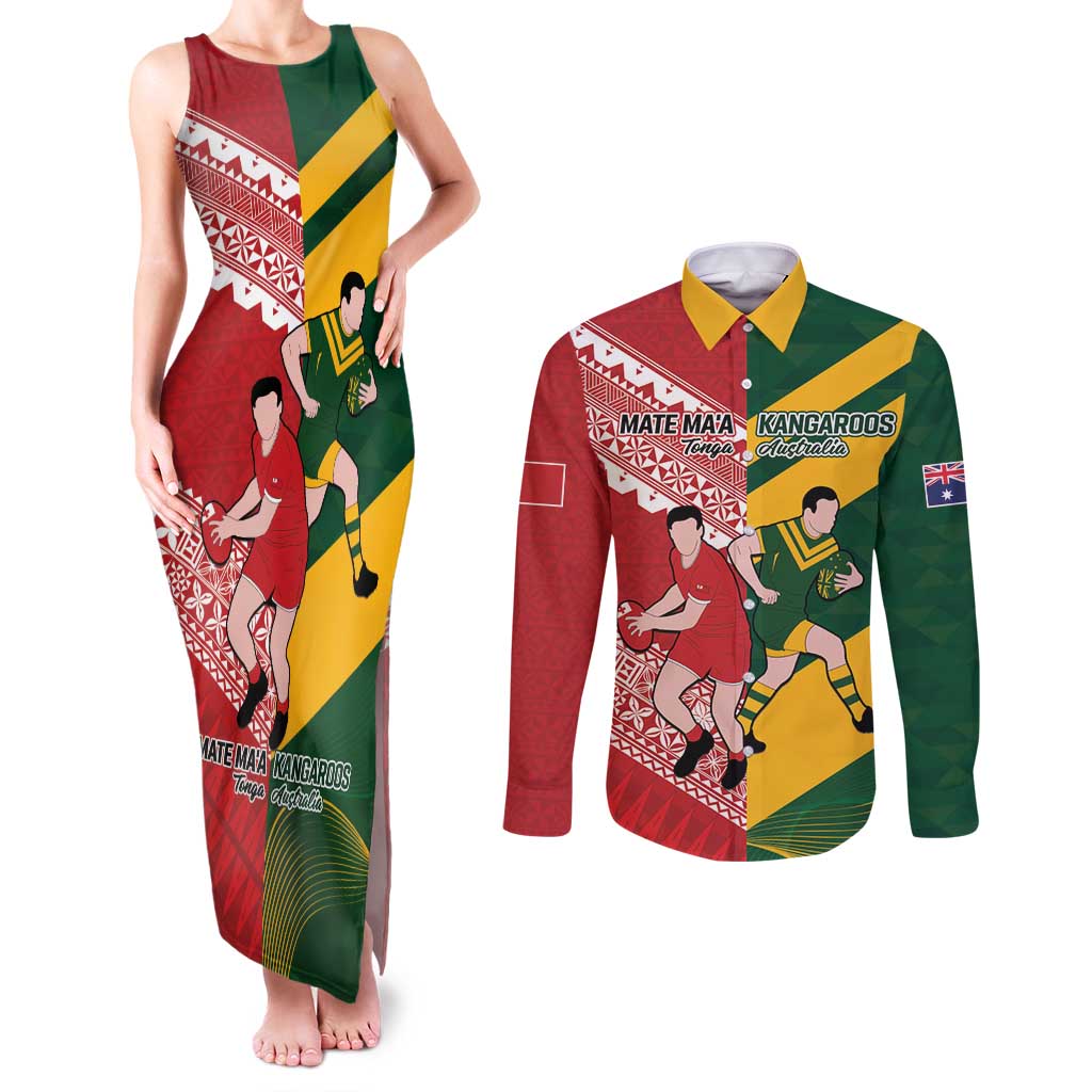 Australia-Tonga Rugby Pacific Custom Couples Matching Tank Maxi Dress and Long Sleeve Button Shirt The Kangaroos and Mate Ma'a Tonga LT9 Red-Green - Polynesian Pride