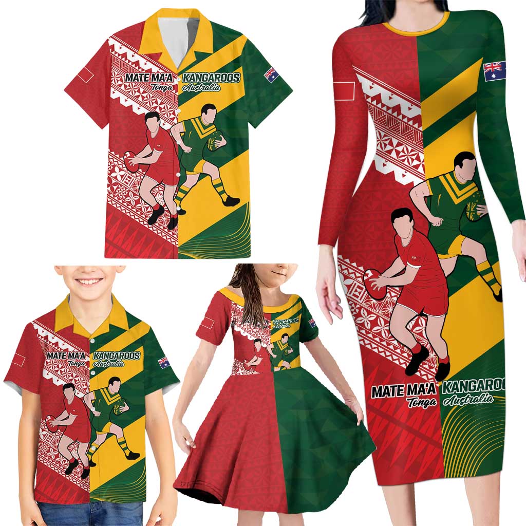 Australia-Tonga Rugby Pacific Custom Family Matching Long Sleeve Bodycon Dress and Hawaiian Shirt The Kangaroos and Mate Ma'a Tonga