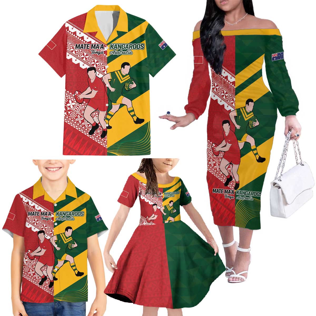 Australia-Tonga Rugby Pacific Custom Family Matching Off The Shoulder Long Sleeve Dress and Hawaiian Shirt The Kangaroos and Mate Ma'a Tonga