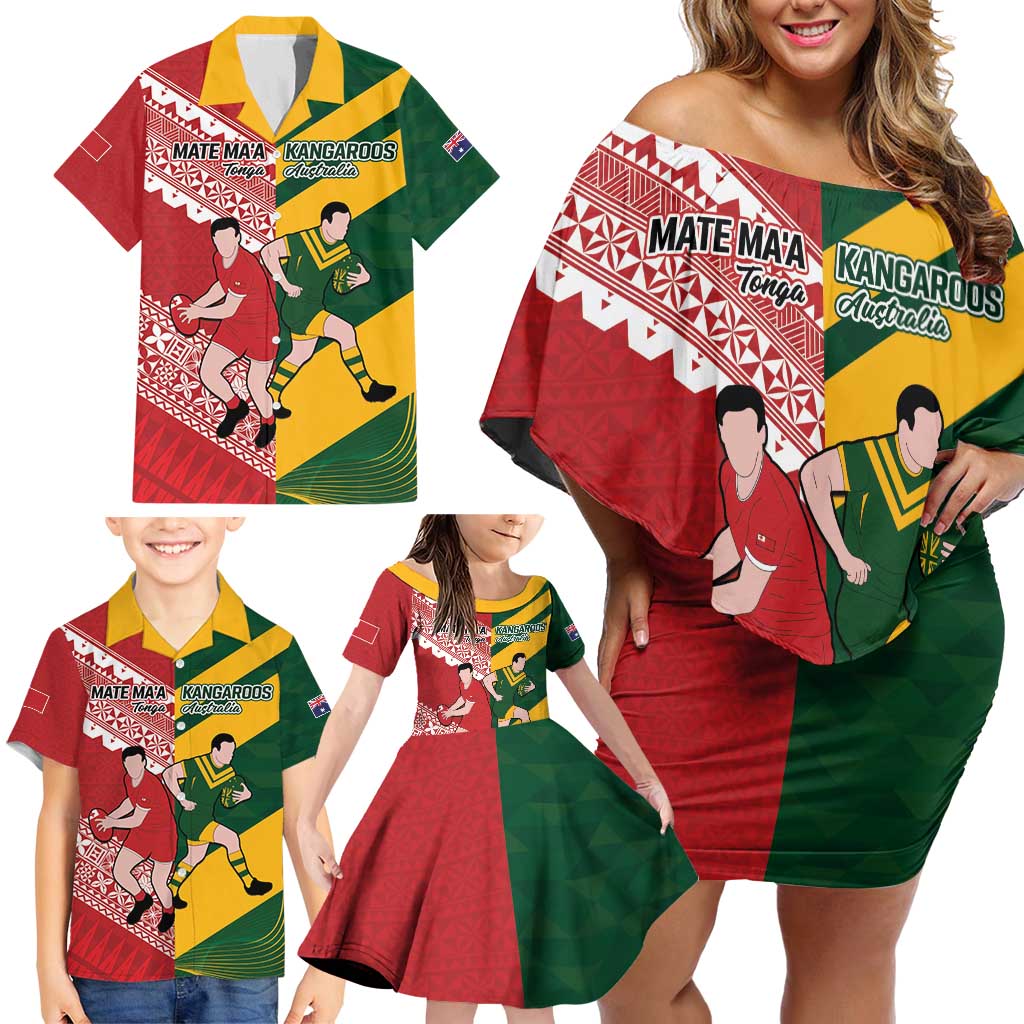 Australia-Tonga Rugby Pacific Custom Family Matching Off Shoulder Short Dress and Hawaiian Shirt The Kangaroos and Mate Ma'a Tonga