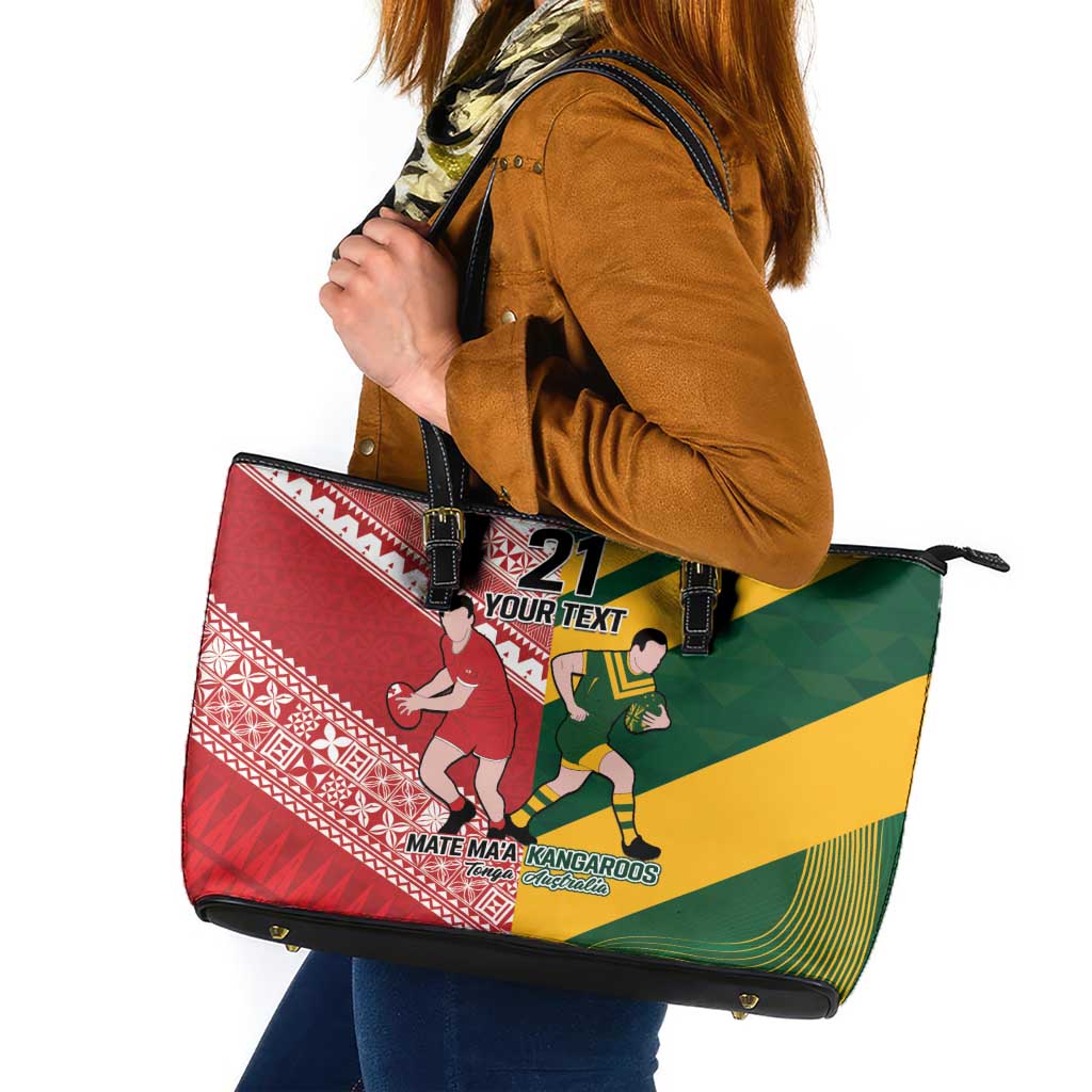 Australia-Tonga Rugby Pacific Custom Leather Tote Bag The Kangaroos and Mate Ma'a Tonga LT9 Red-Green - Polynesian Pride