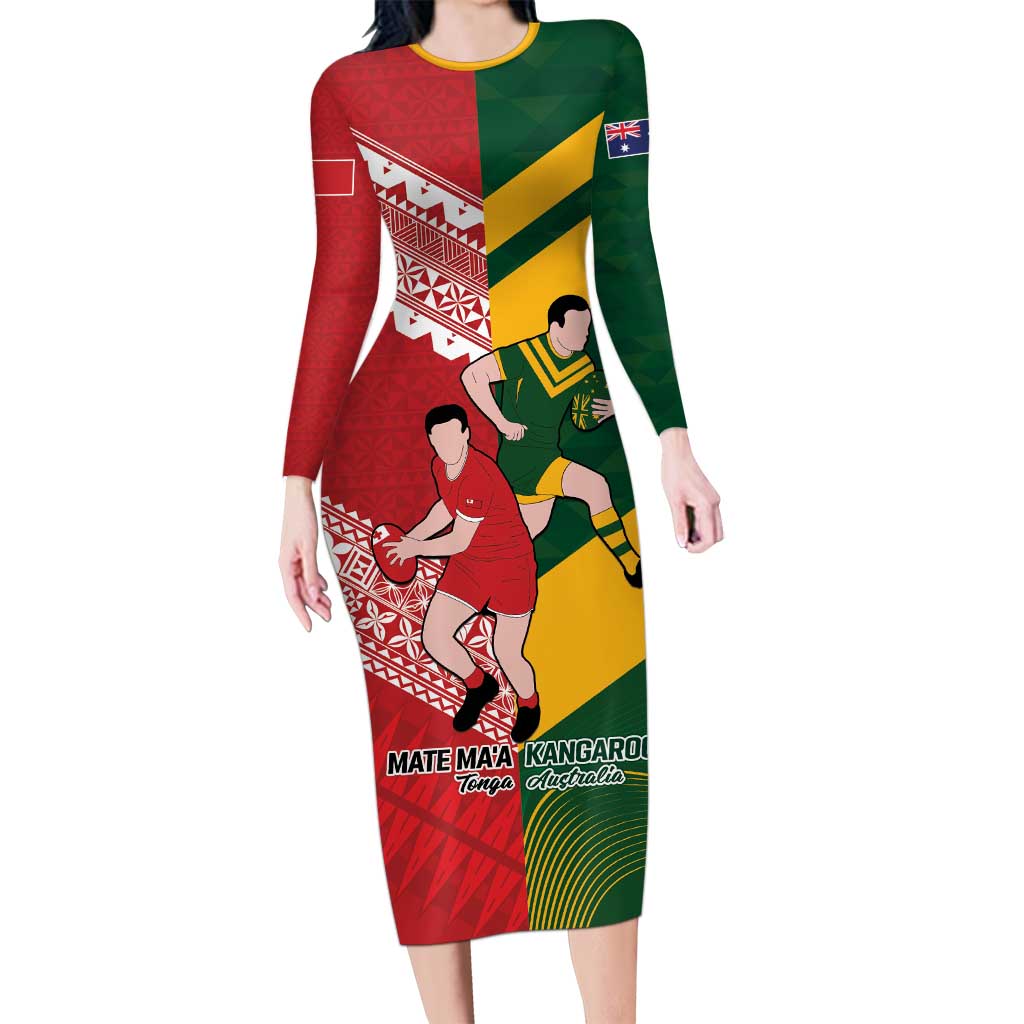 Australia-Tonga Rugby Pacific Custom Long Sleeve Bodycon Dress The Kangaroos and Mate Ma'a Tonga