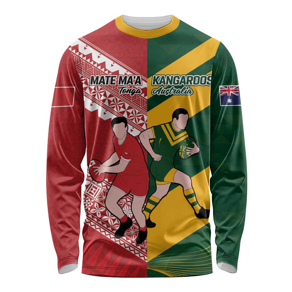 Australia-Tonga Rugby Pacific Custom Long Sleeve Shirt The Kangaroos and Mate Ma'a Tonga