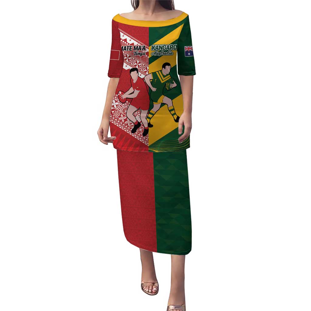 Australia-Tonga Rugby Pacific Custom Puletasi The Kangaroos and Mate Ma'a Tonga LT9 Long Dress Red-Green - Polynesian Pride