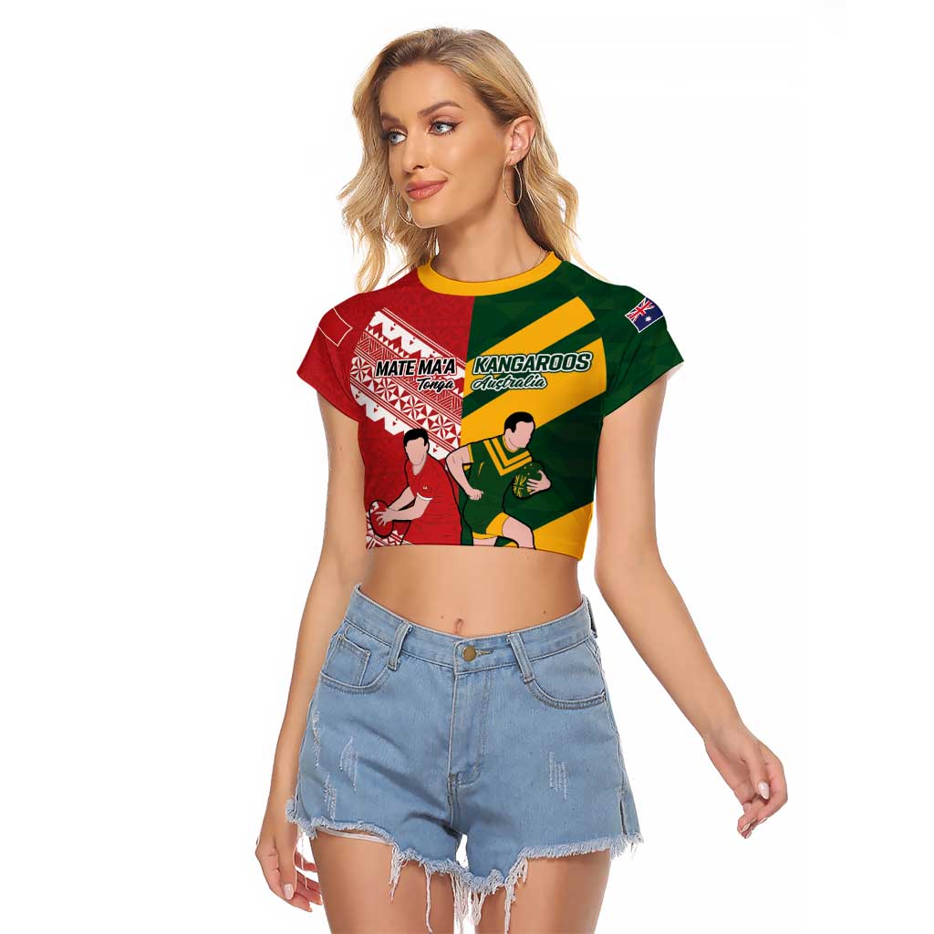 Australia-Tonga Rugby Pacific Custom Raglan Cropped T Shirt The Kangaroos and Mate Ma'a Tonga LT9 Female Red-Green - Polynesian Pride