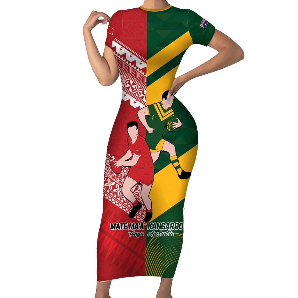 Australia-Tonga Rugby Pacific Custom Short Sleeve Bodycon Dress The Kangaroos and Mate Ma'a Tonga