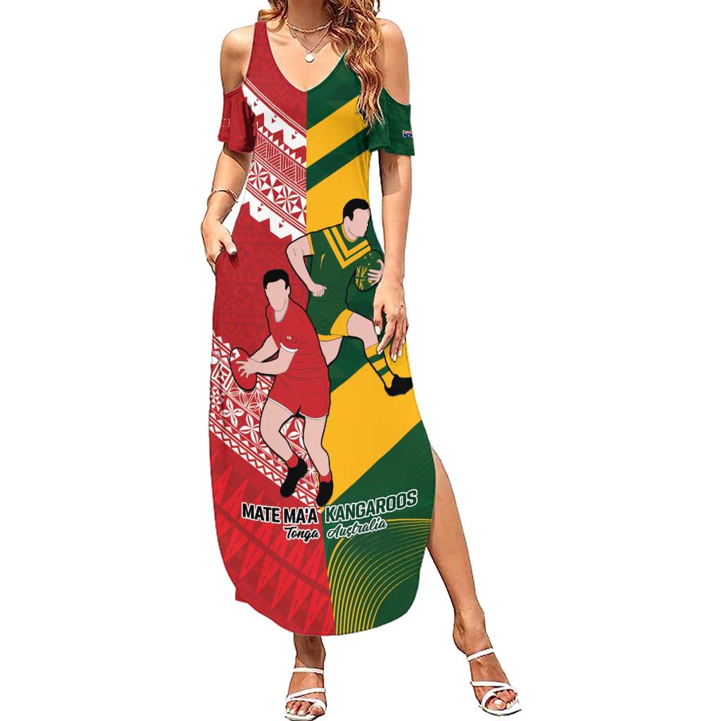 Australia-Tonga Rugby Pacific Custom Summer Maxi Dress The Kangaroos and Mate Ma'a Tonga LT9 Women Red-Green - Polynesian Pride
