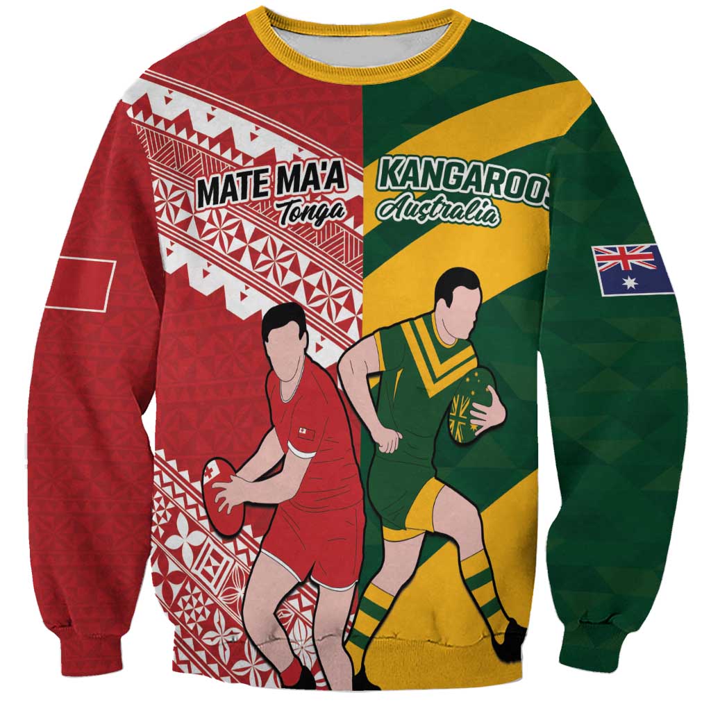 Australia-Tonga Rugby Pacific Custom Sweatshirt The Kangaroos and Mate Ma'a Tonga LT9 Unisex Red-Green - Polynesian Pride