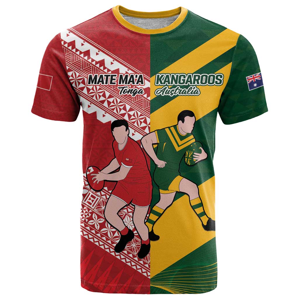 Australia-Tonga Rugby Pacific Custom T Shirt The Kangaroos and Mate Ma'a Tonga LT9 Red-Green - Polynesian Pride