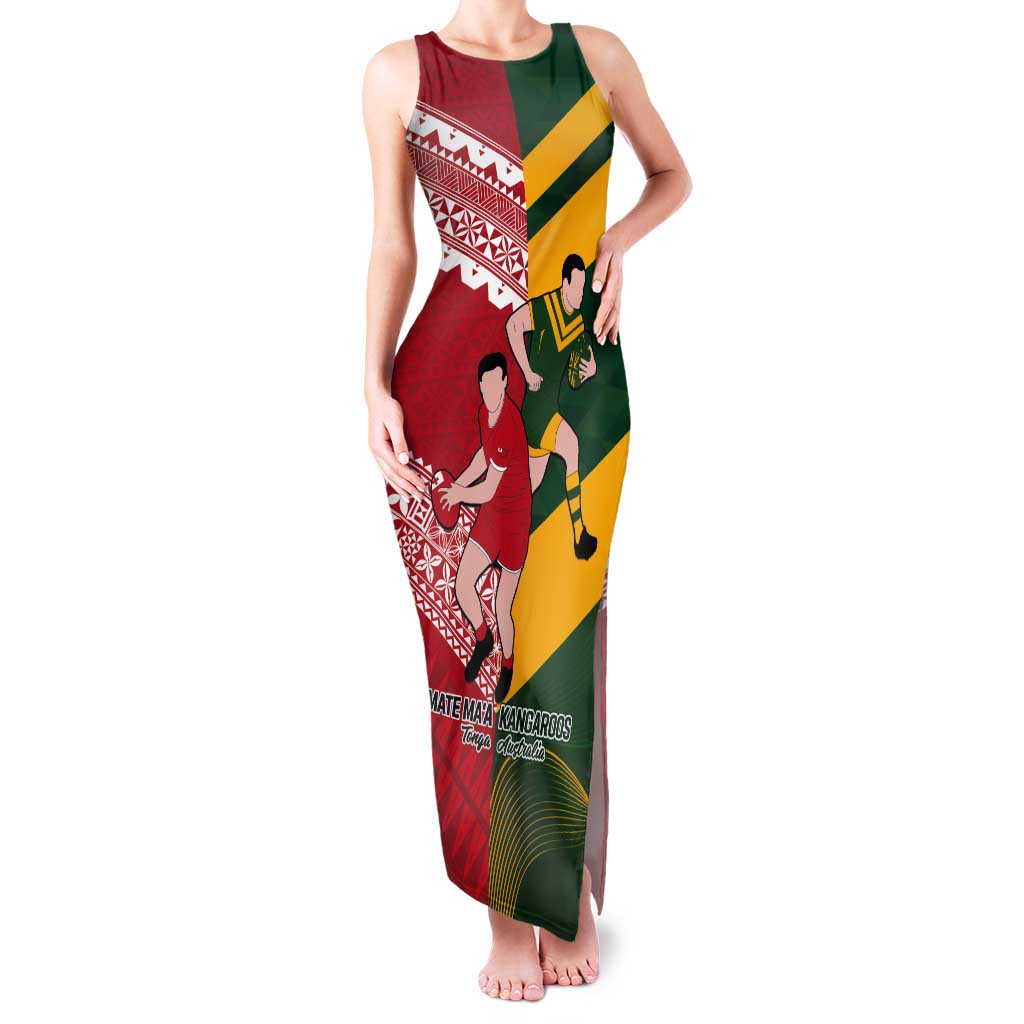Australia-Tonga Rugby Pacific Custom Tank Maxi Dress The Kangaroos and Mate Ma'a Tonga LT9 Women Red-Green - Polynesian Pride