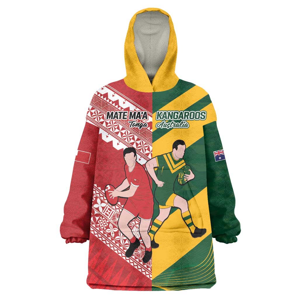 Australia-Tonga Rugby Pacific Custom Wearable Blanket Hoodie The Kangaroos and Mate Ma'a Tonga