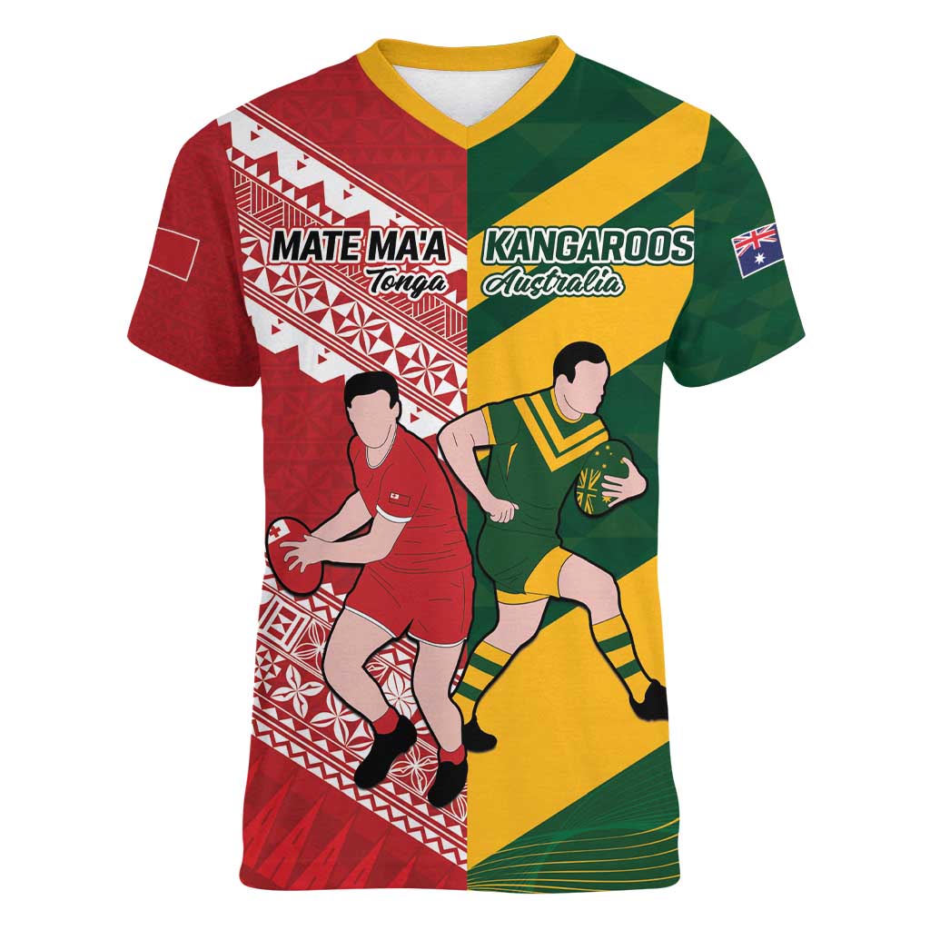 Australia-Tonga Rugby Pacific Custom Women V-Neck T-Shirt The Kangaroos and Mate Ma'a Tonga