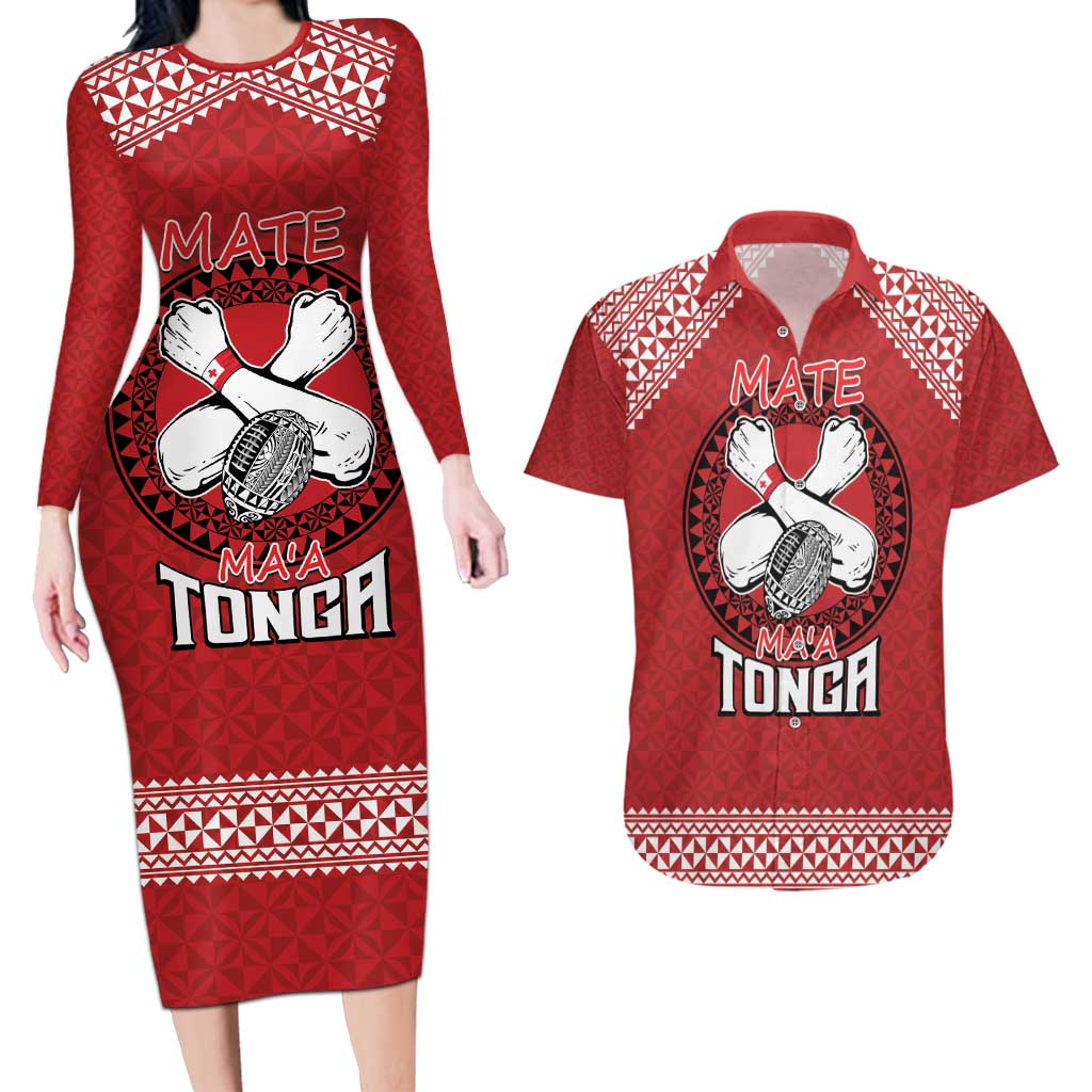 Tonga Rugby XIII Custom Couples Matching Long Sleeve Bodycon Dress and Hawaiian Shirt Mate Ma'a Tonga with Ngatu Pattern LT9 Red - Polynesian Pride