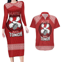 Tonga Rugby XIII Custom Couples Matching Long Sleeve Bodycon Dress and Hawaiian Shirt Mate Ma'a Tonga with Ngatu Pattern LT9 Red - Polynesian Pride