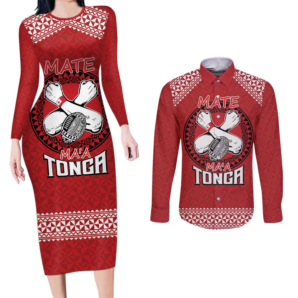 Tonga Rugby XIII Custom Couples Matching Long Sleeve Bodycon Dress and Long Sleeve Button Shirt Mate Ma'a Tonga with Ngatu Pattern LT9 Red - Polynesian Pride