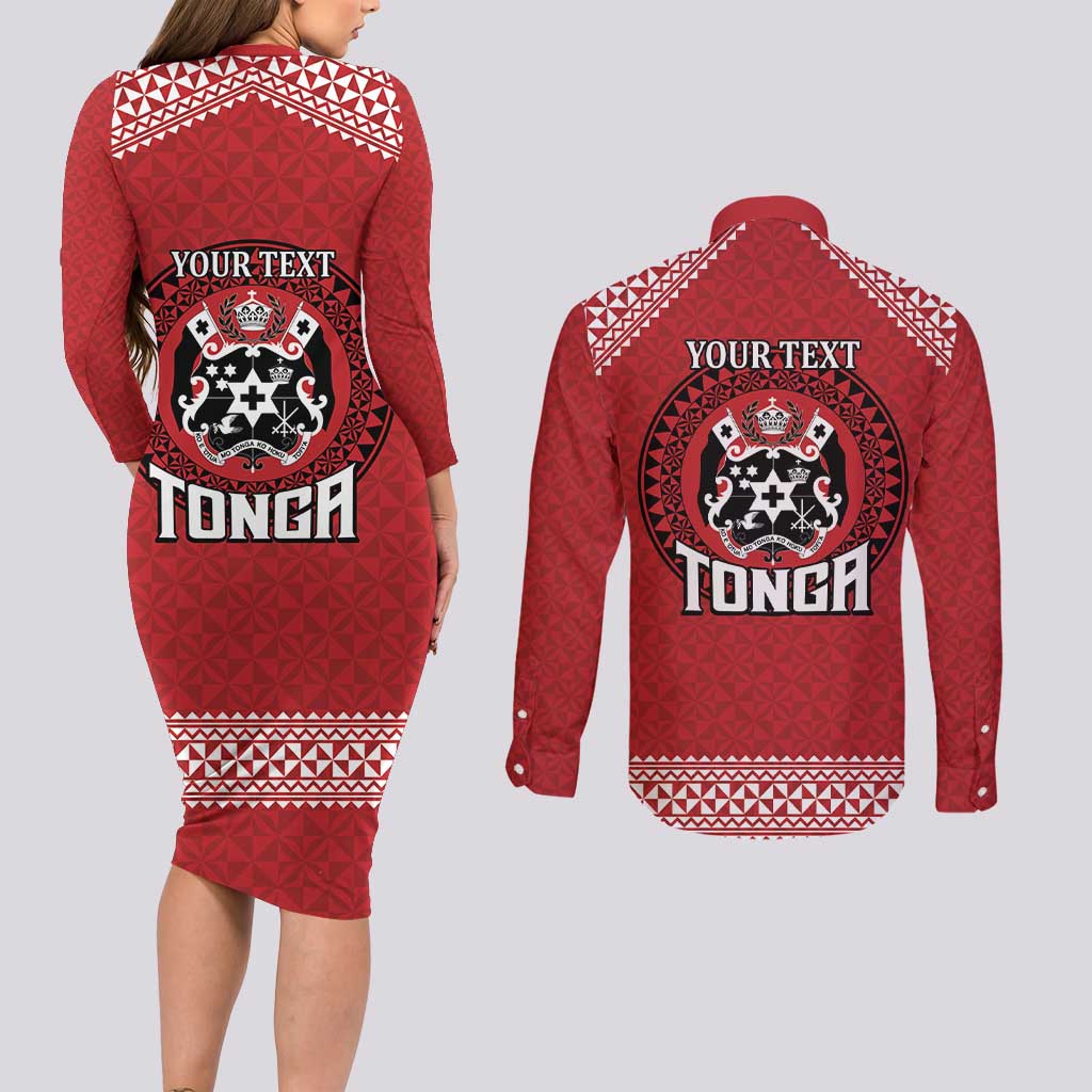 Tonga Rugby XIII Custom Couples Matching Long Sleeve Bodycon Dress and Long Sleeve Button Shirt Mate Ma'a Tonga with Ngatu Pattern LT9 - Polynesian Pride