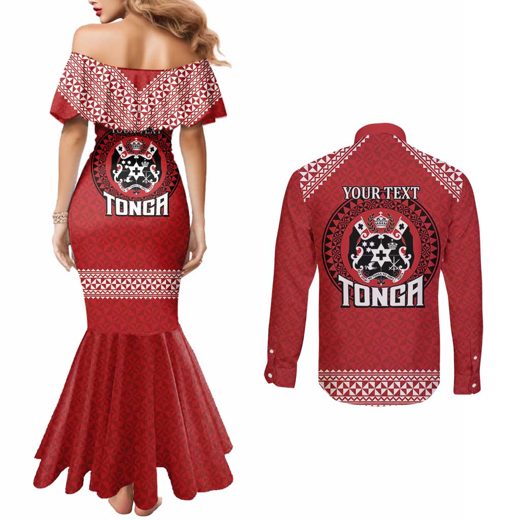 Tonga Rugby XIII Custom Couples Matching Mermaid Dress and Long Sleeve Button Shirt Mate Ma'a Tonga with Ngatu Pattern LT9 - Polynesian Pride