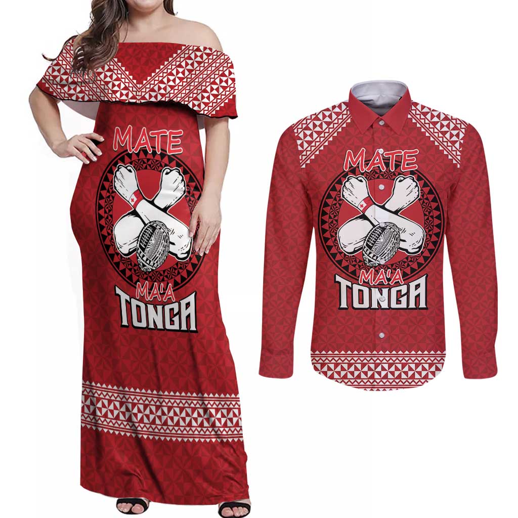 Tonga Rugby XIII Custom Couples Matching Off Shoulder Maxi Dress and Long Sleeve Button Shirt Mate Ma'a Tonga with Ngatu Pattern LT9 Red - Polynesian Pride