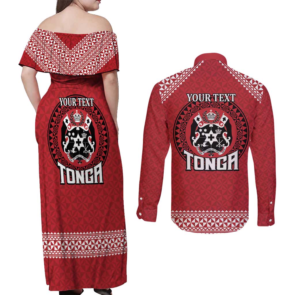 Tonga Rugby XIII Custom Couples Matching Off Shoulder Maxi Dress and Long Sleeve Button Shirt Mate Ma'a Tonga with Ngatu Pattern LT9 - Polynesian Pride