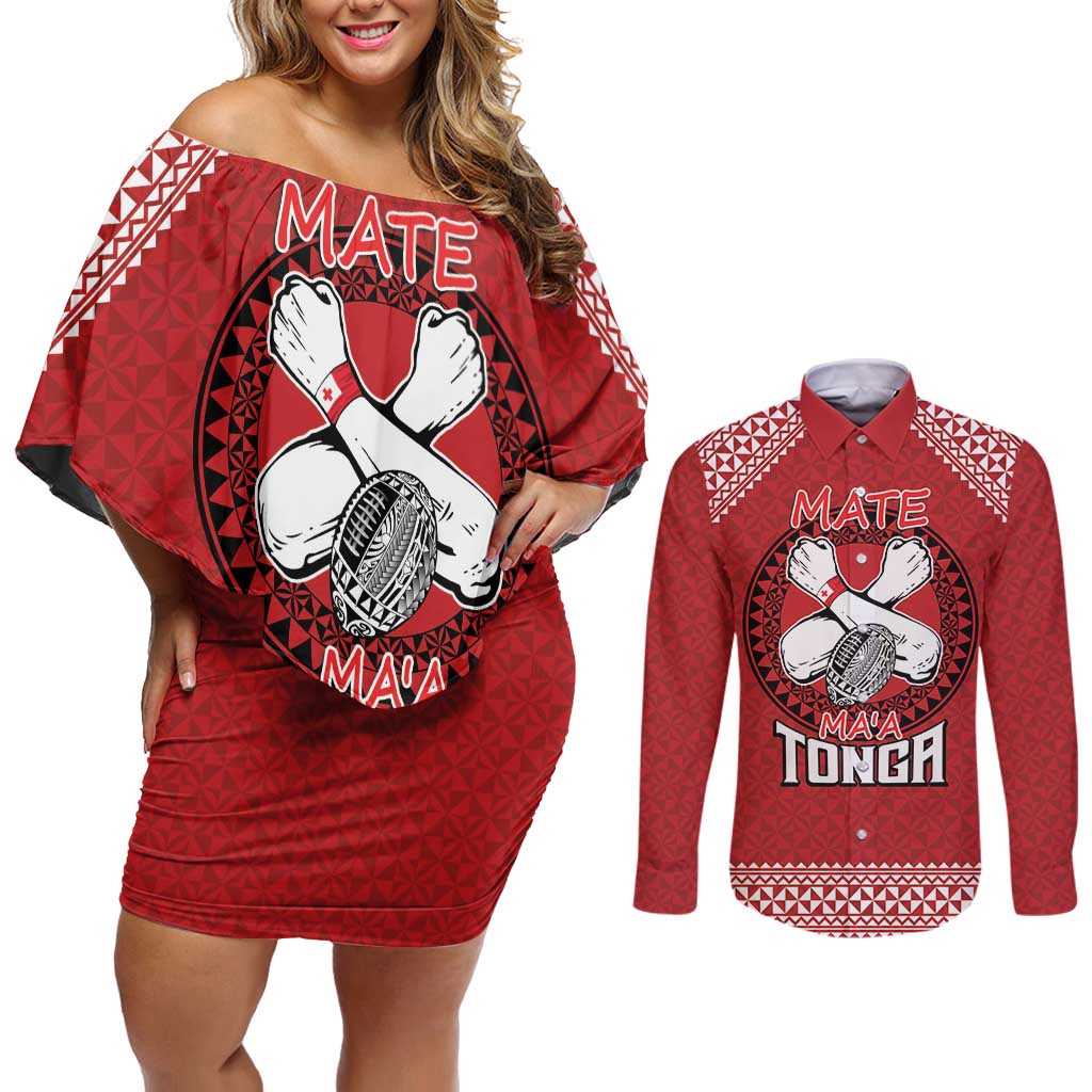 Tonga Rugby XIII Custom Couples Matching Off Shoulder Short Dress and Long Sleeve Button Shirt Mate Ma'a Tonga with Ngatu Pattern LT9 Red - Polynesian Pride