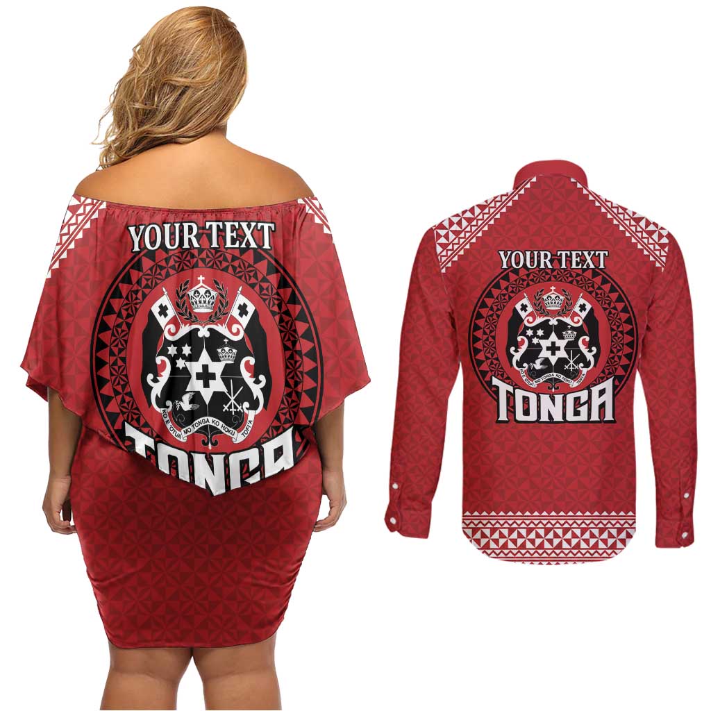 Tonga Rugby XIII Custom Couples Matching Off Shoulder Short Dress and Long Sleeve Button Shirt Mate Ma'a Tonga with Ngatu Pattern LT9 - Polynesian Pride