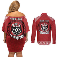 Tonga Rugby XIII Custom Couples Matching Off Shoulder Short Dress and Long Sleeve Button Shirt Mate Ma'a Tonga with Ngatu Pattern LT9 - Polynesian Pride