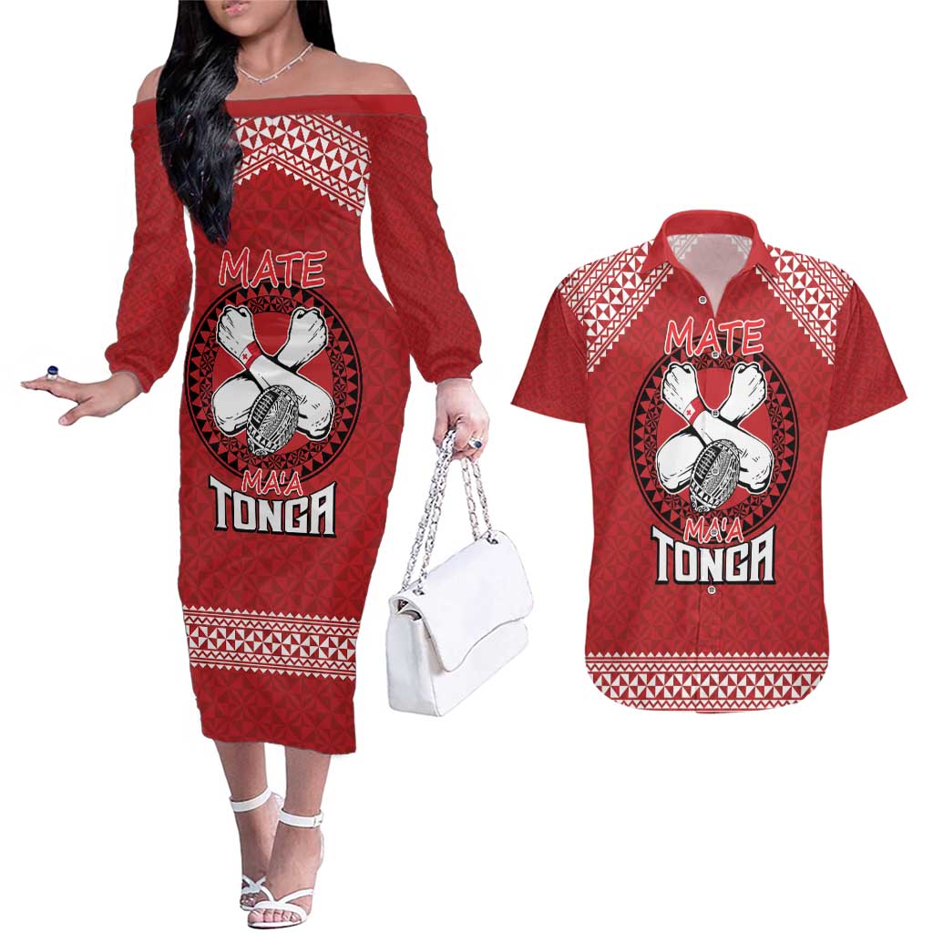 Tonga Rugby XIII Custom Couples Matching Off The Shoulder Long Sleeve Dress and Hawaiian Shirt Mate Ma'a Tonga with Ngatu Pattern