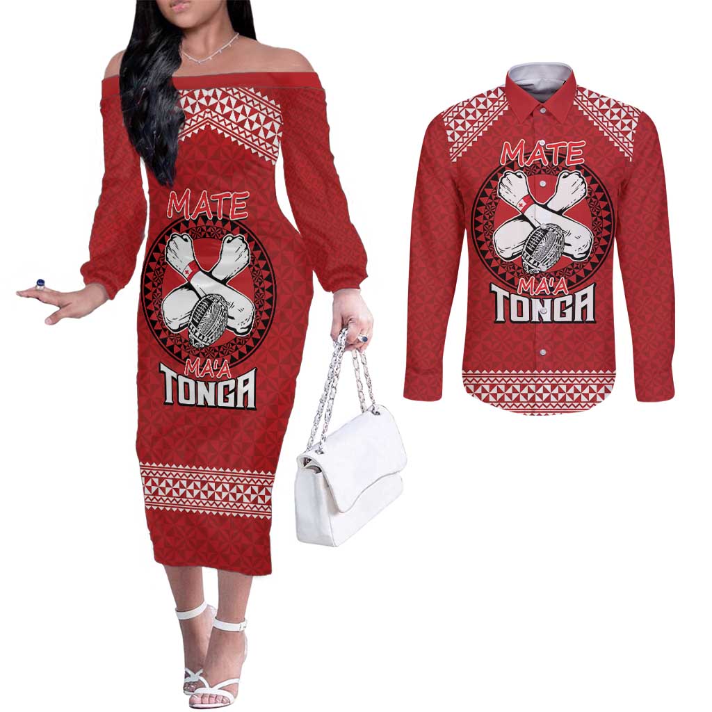 Tonga Rugby XIII Custom Couples Matching Off The Shoulder Long Sleeve Dress and Long Sleeve Button Shirt Mate Ma'a Tonga with Ngatu Pattern LT9 Red - Polynesian Pride