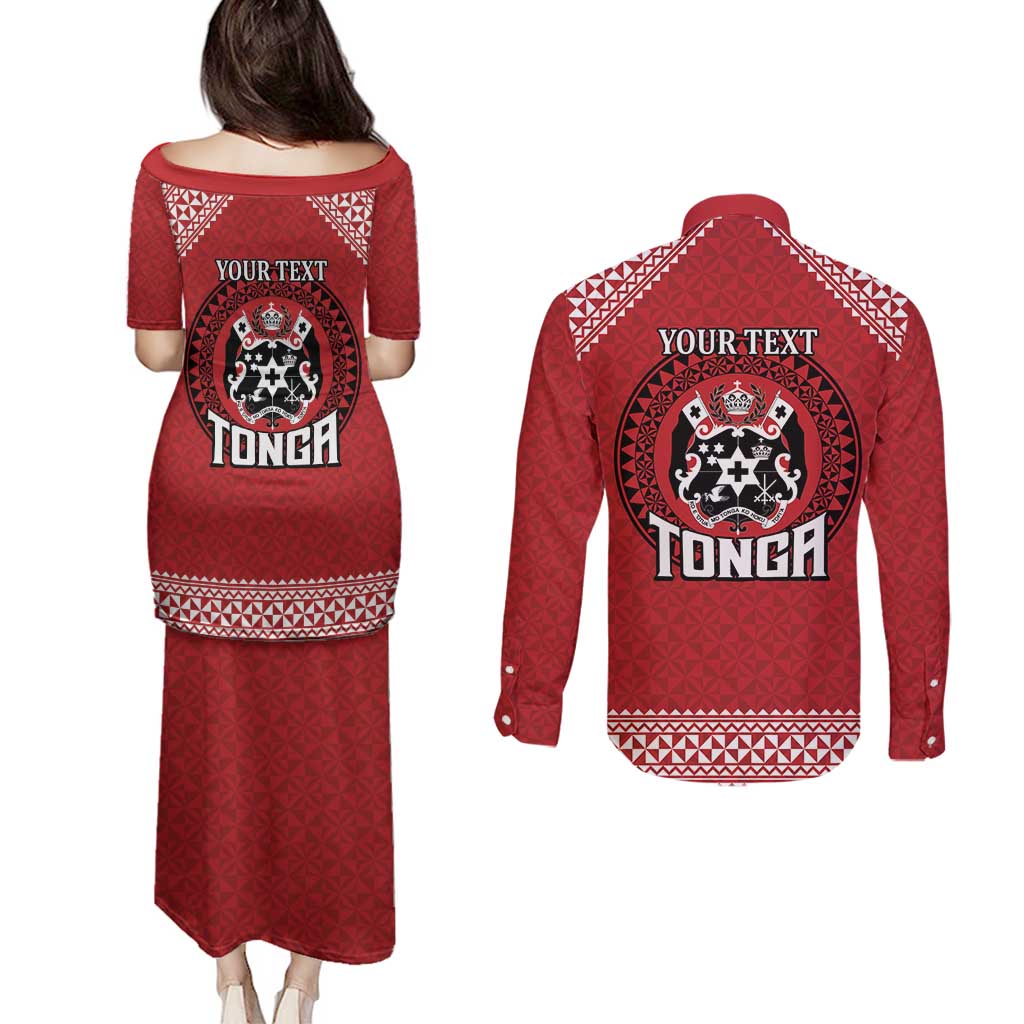 Tonga Rugby XIII Custom Couples Matching Puletasi and Long Sleeve Button Shirt Mate Ma'a Tonga with Ngatu Pattern LT9 - Polynesian Pride